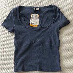 H&M Ribbed Short Sleeve Top in Slate Blue